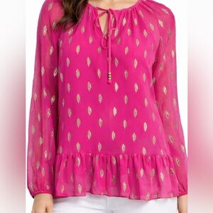 Lilly Pulitzer Pink Gold Metallic Peplum Blouse Small, Feminine Statement Top